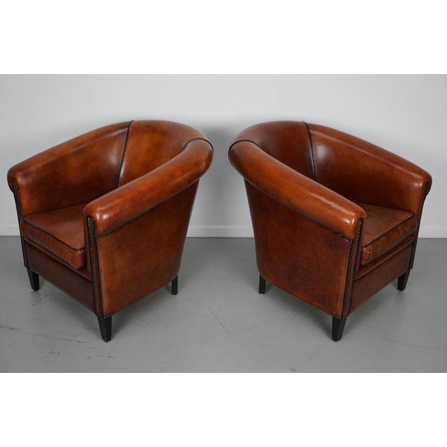 Set of Vintage Dutch Cognac Colored Leather Club Chairs For Sale - Image 9 of 17