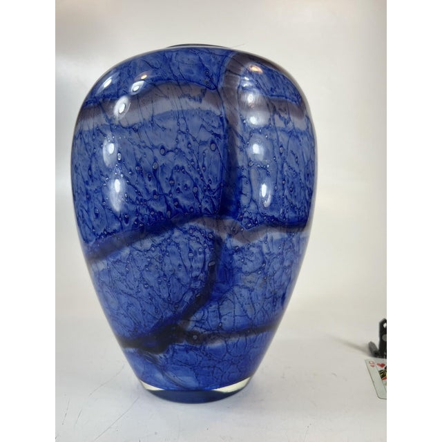 Blue Late 20th Century Large Vase Blue Mouth Blown Art Glass Sea Scape Gold Dust vintage 12.5" For Sale - Image 8 of 16