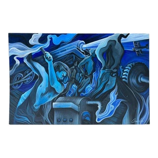 Late 20th Century Large-Scale Wpa Style Painting by Chicago Artist Amelia Helper With Locomotive For Sale