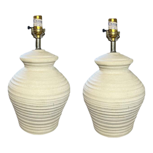 Large White Vintage Post Modern Plaster Beehive Jar Table Lamps - a Pair