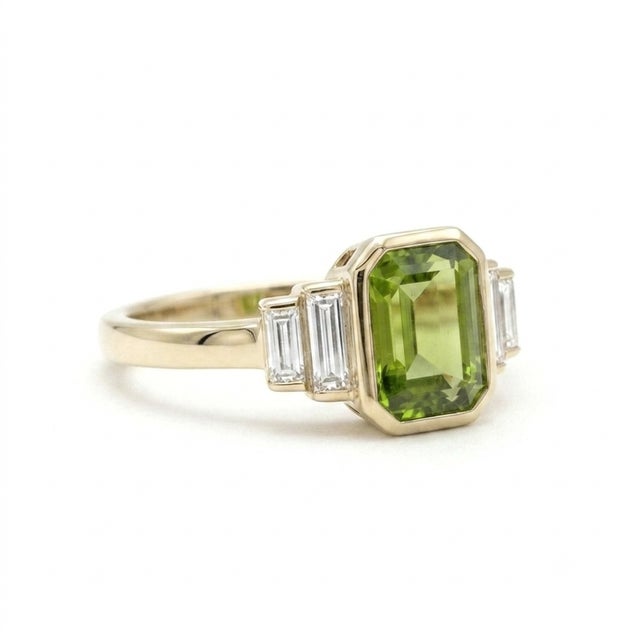 Contemporary Natural Peridot Ring | Art Deco Engagement Ring | August Birthstone Ring for Women Us 7 For Sale - Image 3 of 3