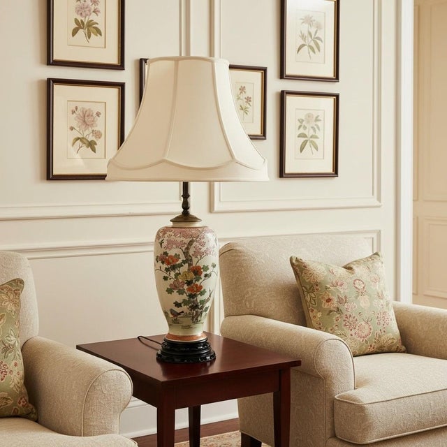 Vintage Japanese Satsuma-style porcelain table lamp, circa 1960s–1970s, featuring hand-painted flowering branches,...