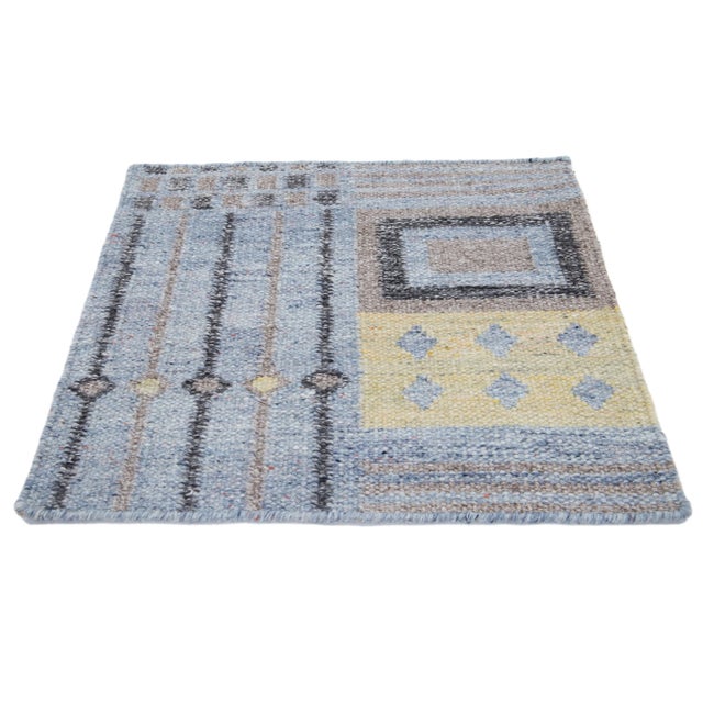 Contemporary Modern Swedish Style Handwoven Blue Custom Wool Rug For Sale - Image 3 of 6