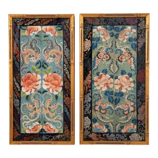 Pair of Framed Fine Chinese Antique Embroidery Panels with Forbidden Knots For Sale