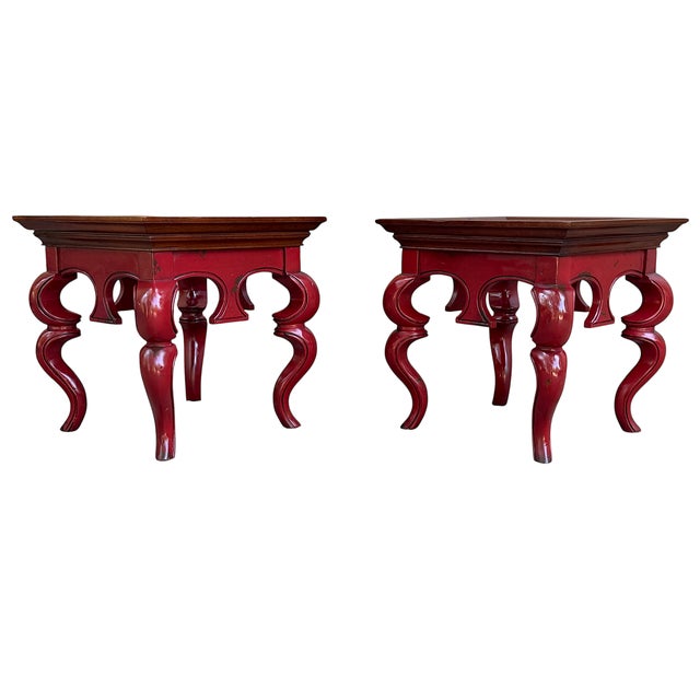This is a pair of Hickory Chair Furniture Company Chinese Chippendale-style occasional tables, dating to approximately...