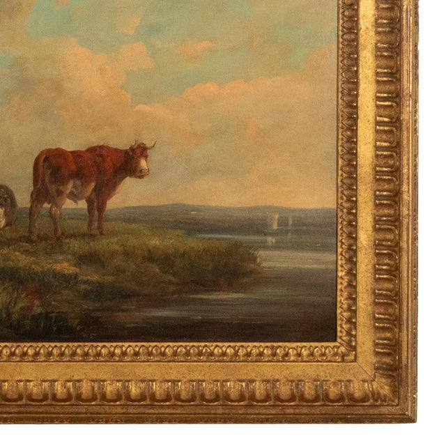 Textile 19th Century Oil Painting Pastoral Luminist Romantic Highland Cows Paris Ex-Christie's by Henry Milbourne, 1815 For Sale - Image 7 of 13