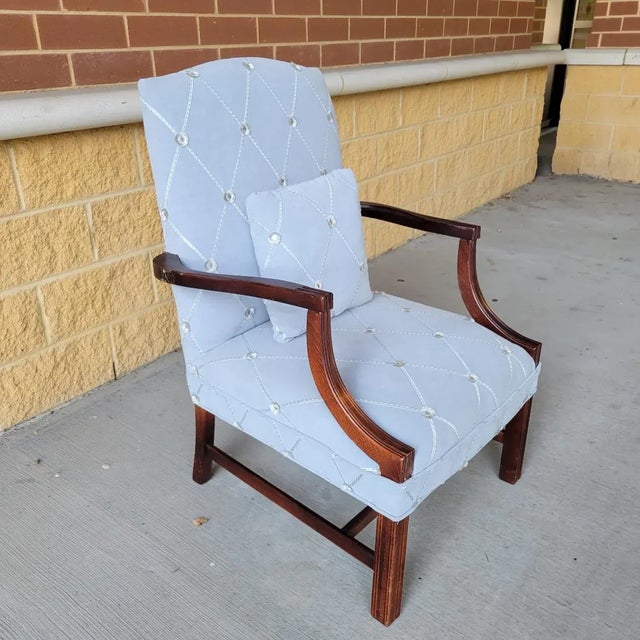 Early to mid 20th c Martha Washington mahogany armchair with very beautiful light blue upholstery having a silk...