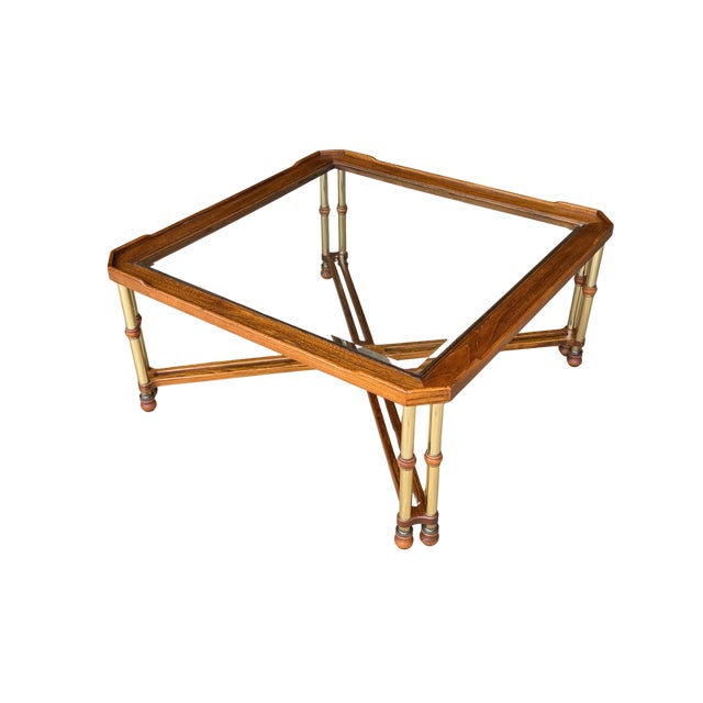 Vintage Faux Bamboo Brass & Glass Coffee Table | Hollywood Regency Chinoiserie Cocktail Table | Campaign Style Designer Square Coffee Table For Sale - Image 6 of 13