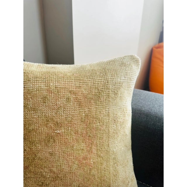 Vintage Turkish Rug Pillow Cover, Handwoven Wool Isparta Faded Abstract Cushion, Soft Ivory Peach Boho Pillow, 16x16 In For Sale - Image 4 of 12