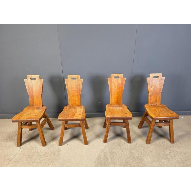 Well crafted brutalist dining chairs with appealing backrests and very sturdy bases. Very good condition 1970s - Belgium...