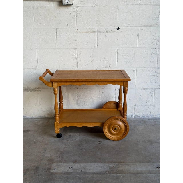 Mid-Century Modern Oak Two-Tier Rolling Bar Cart Danish Mid-Century Modern Serving Trolley 1970s For Sale - Image 3 of 10