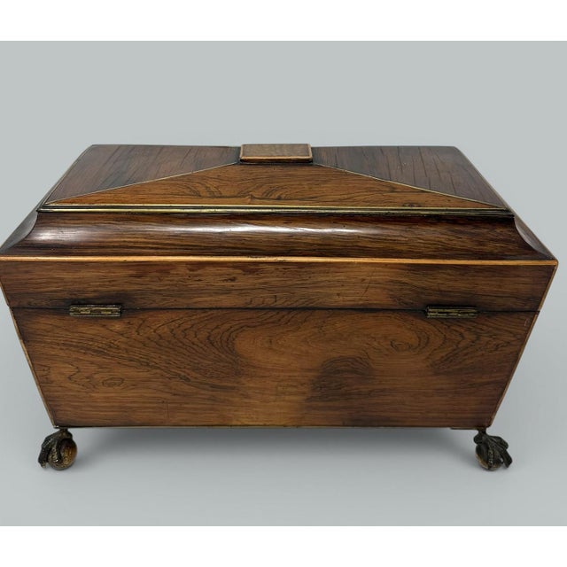 Brass Antique Brass Inlaid Rosewood English Tea Caddy Box Regency Gillows Lancaster. For Sale - Image 8 of 9