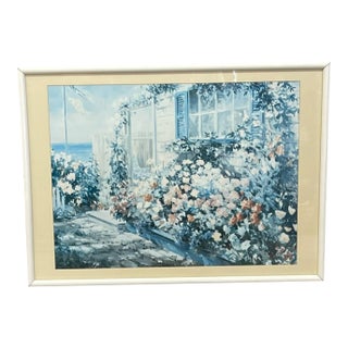 Vintage Coastal Cottage Garden Landscape Print With Ocean View, Framed For Sale