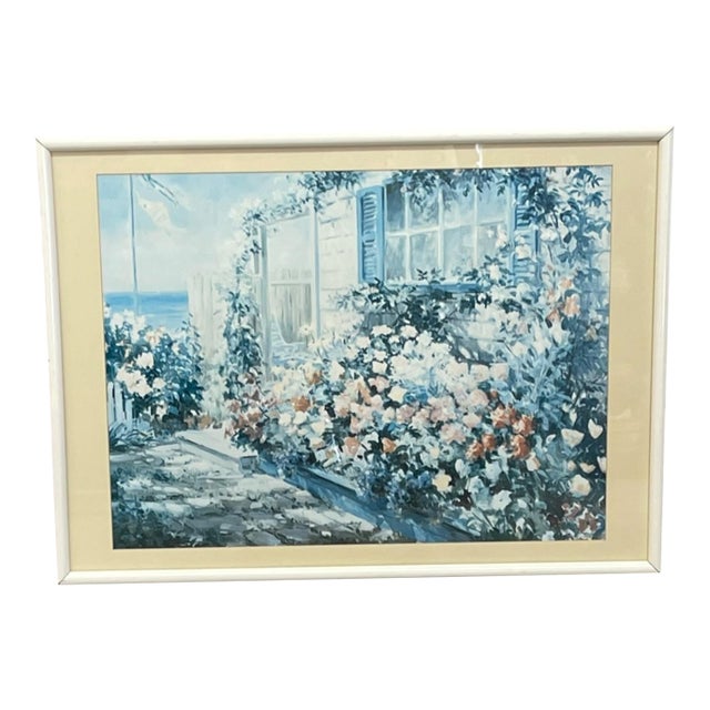 Vintage Coastal Cottage Garden Landscape Print With Ocean View, Framed For Sale