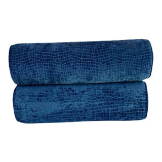 Early 21st Century Blue Alligator Scale Bolsters Pillows- a Pair For Sale