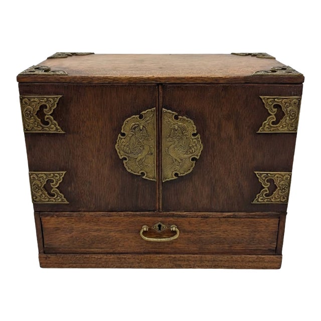 Vintage Chinoiserie Phoenix Jewelry Box | Ornate Brass Hardware, Double Doors & Multi-Drawer Interior For Sale