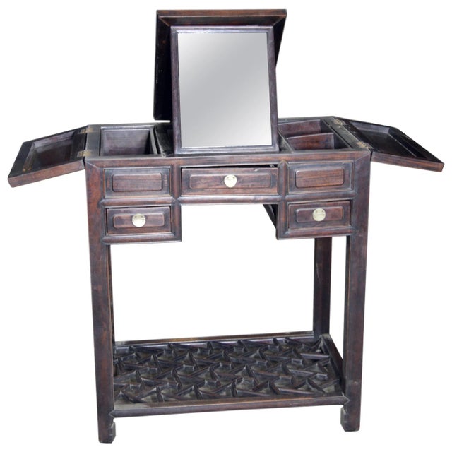 Brown Chinese Vintage Dark Lacquered Wood Dressing Table With Mirror and Drawers For Sale - Image 8 of 8
