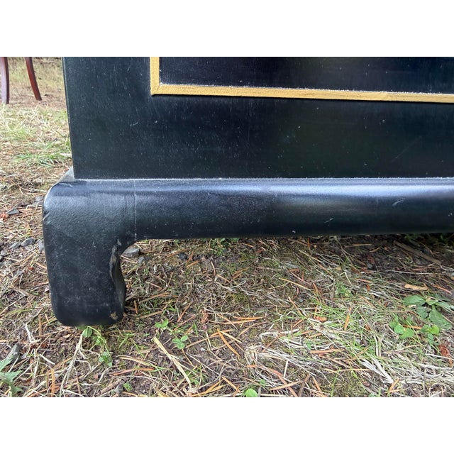 Wood 1970s Classic MCM Black and Gold Two Door Accent Cabinet With Brass Ring Pulls For Sale - Image 7 of 8