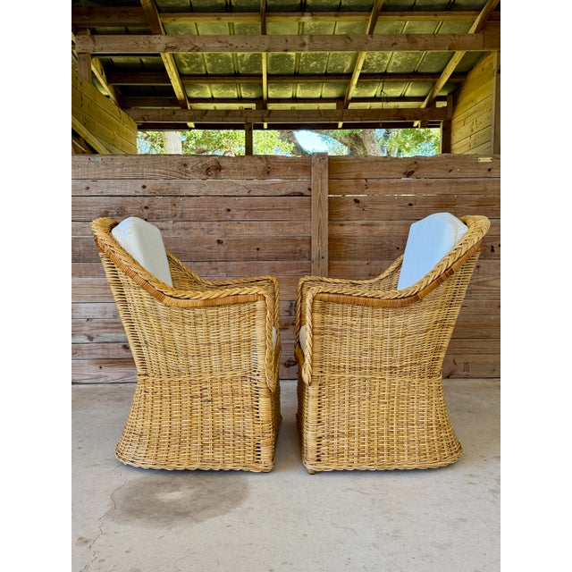 Contemporary Pair of Vintage Michael Taylor Style Braided Rattan Wicker Lounge Side Armchairs For Sale - Image 3 of 12