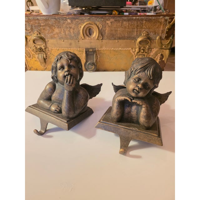 Metal Cherub Stocking Hangers With Bronzed Metal Body For Sale - Image 7 of 8