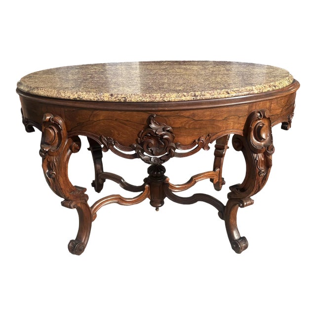 Antique Rosewood Rococo Marble Top Center Table For Sale