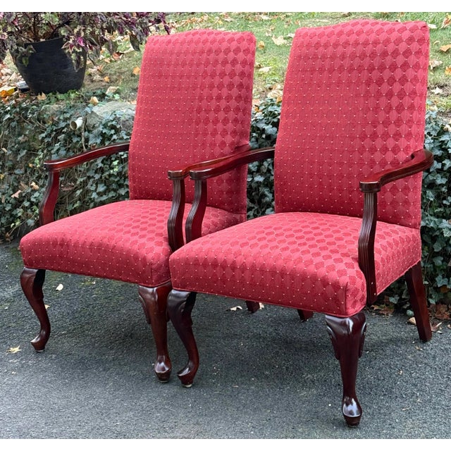 Beautiful pair of upholstered high back chairs by Fairfield furniture. Features gooseneck arms, cabriole legs, red...