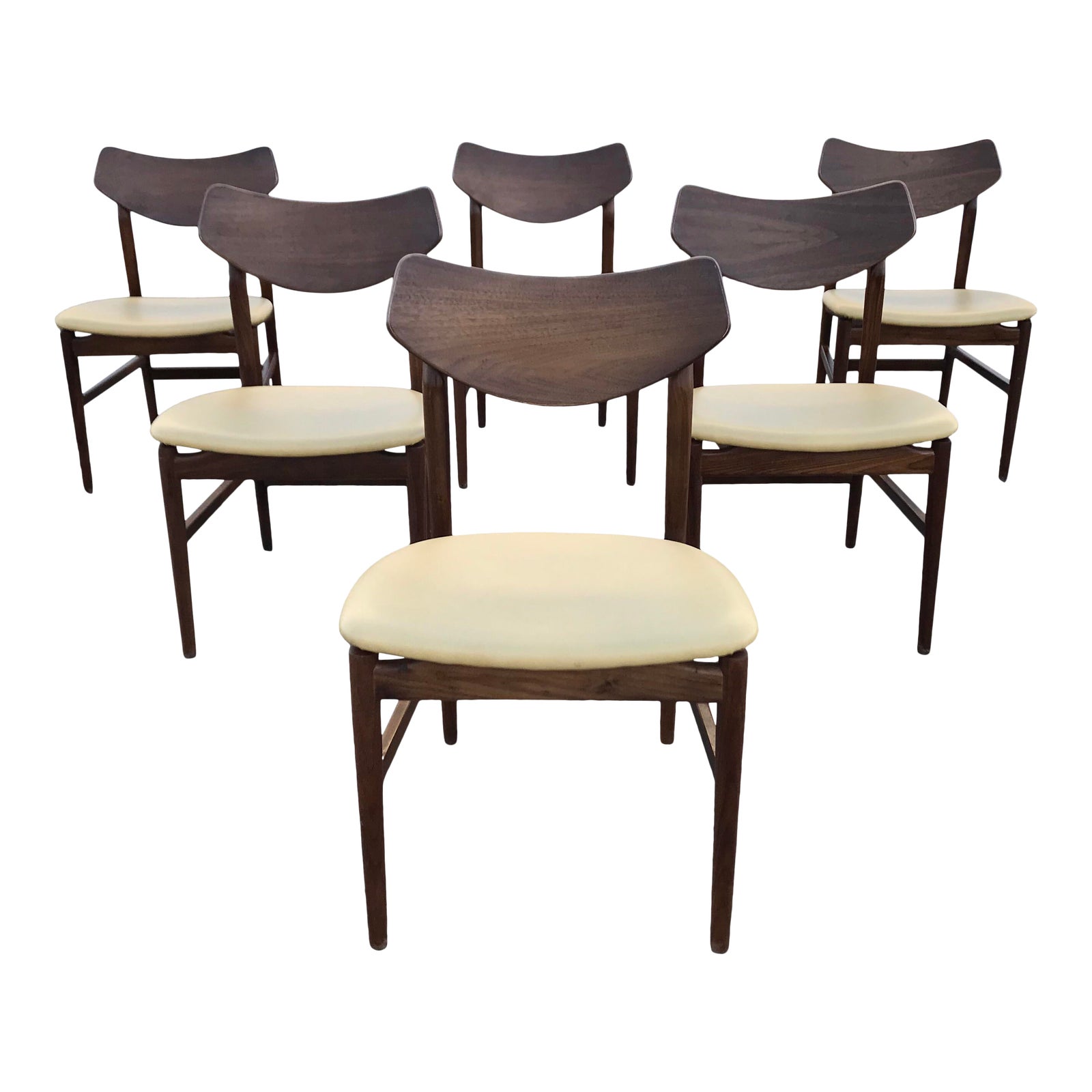 MidCentury Style Walnut and Yellow Vinyl Dining Chairs Set of 6