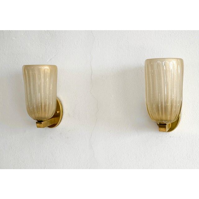 1990s Large Italian Art Deco Style Murano Glass and Brass Wall Lights, 1990s, Set of 2 For Sale - Image 5 of 17