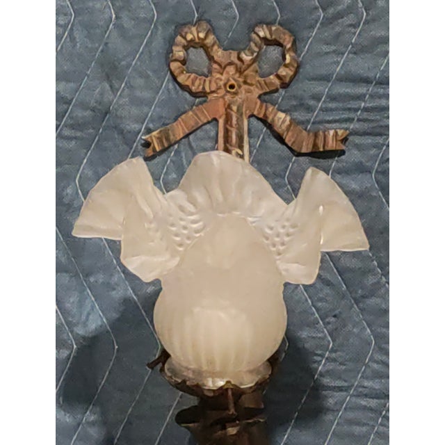 Late 19th Century French Louis XVI Revival Wrought Iron Ribbon Bow Wall Sconces With Ruffled Glass Shades - a Pair For Sale - Image 4 of 7