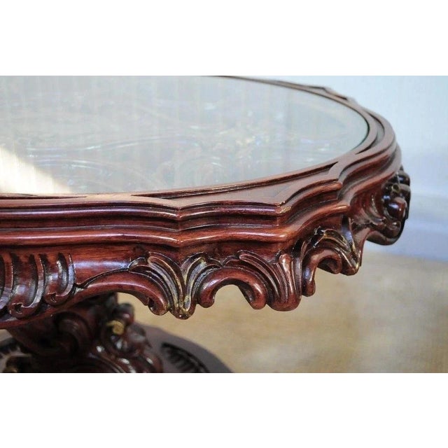 Glass Vintage Mediterranean Style Carved Syroco Glass Top Round Low End Tables - Pair For Sale - Image 7 of 10