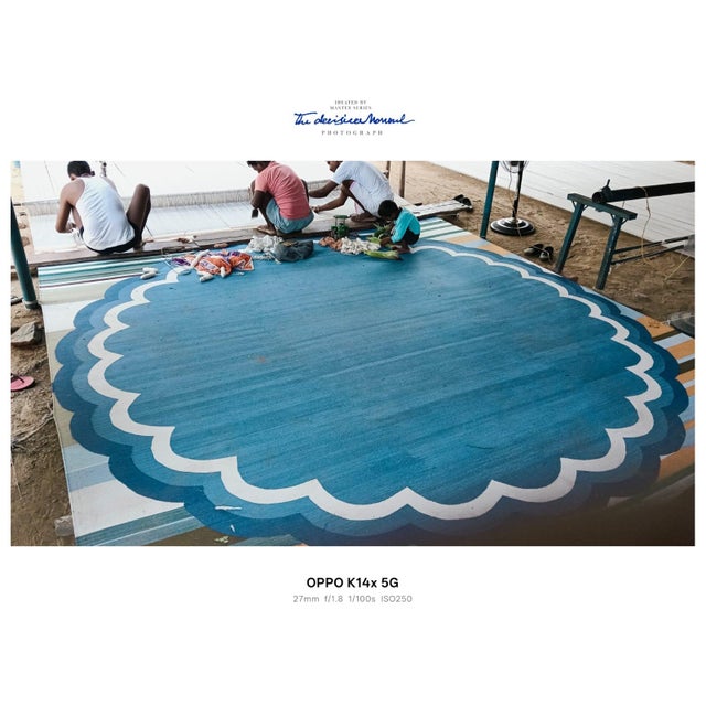 Not Yet Made - Made To Order Handmade Cotton Round Scalloped Rug, Sky Blue, Cream and Royal Blue Border Dhurrie-12' Round For Sale - Image 5 of 10