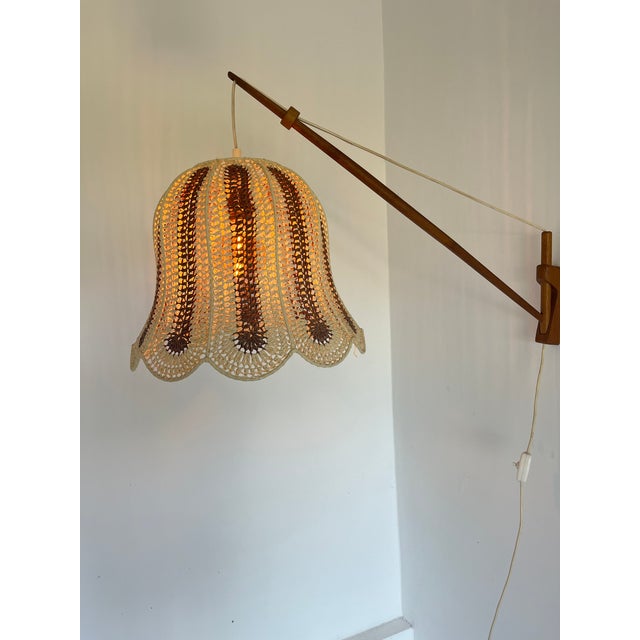 Brown Mid-Century Modern Teak and Sisal Swing-Arm Wall Lamp, 1960s For Sale - Image 8 of 9