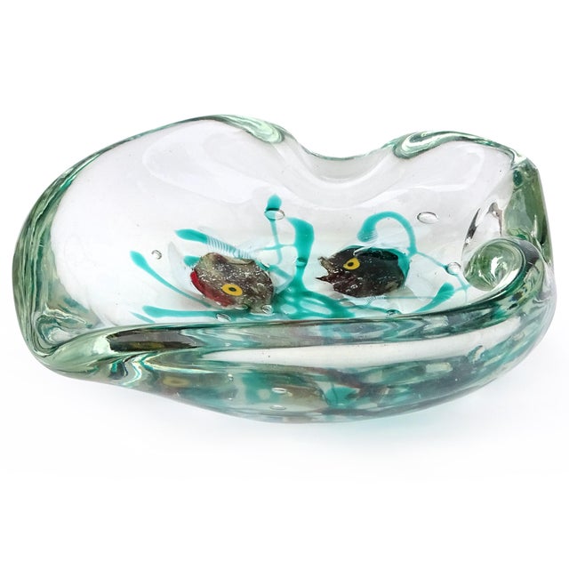 Mid-Century Modern Murano Seguso Dalla Venezia Vintage Italian Art Glass 3 Fish Silver Flecks Green Algae Ashtray Trinket Bowl For Sale - Image 3 of 8