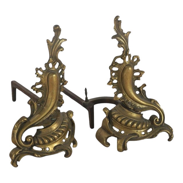 Pair of Antique French Rococo Baroque Style Gilt Metal Fireplace Andirons Chenets For Sale