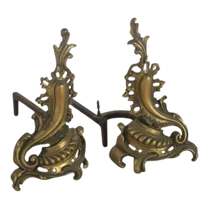 Pair of Antique French Rococo Baroque Style Gilt Metal Fireplace Andirons Chenets
