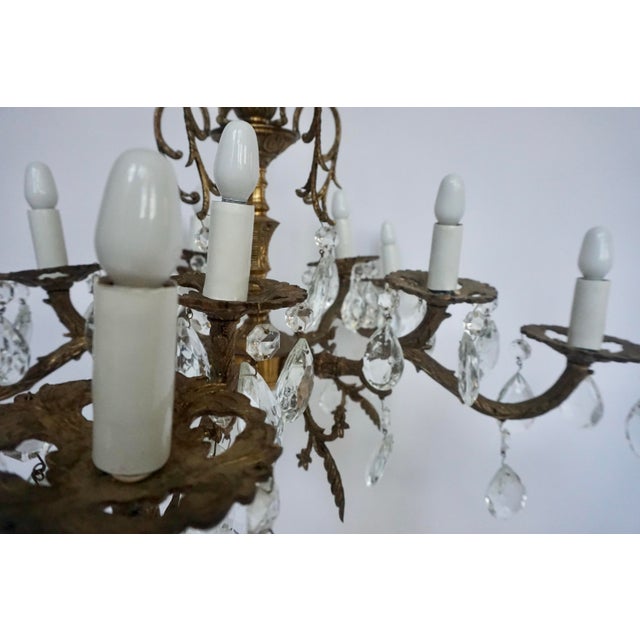 Mid-20th Century Spanish Cast Brass & Crystal Chandelier For Sale - Image 4 of 8