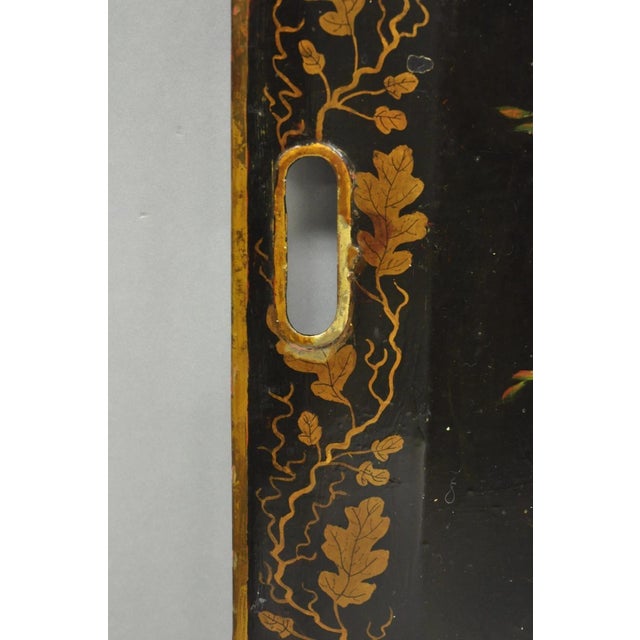 Black Antique French Country Tole Metal Hand Painted Floral Large Serving Platter Tray For Sale - Image 8 of 15