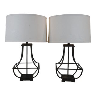 Set of 2 Vintage Mid 20th Century Deerfield Modern Iron Crackle Finish Open Cage Lamps For Sale