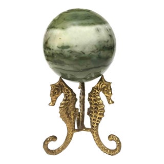 Mid 20th Century Green Marble Stone Orb on Brass 3 Seahorse Base Stand For Sale