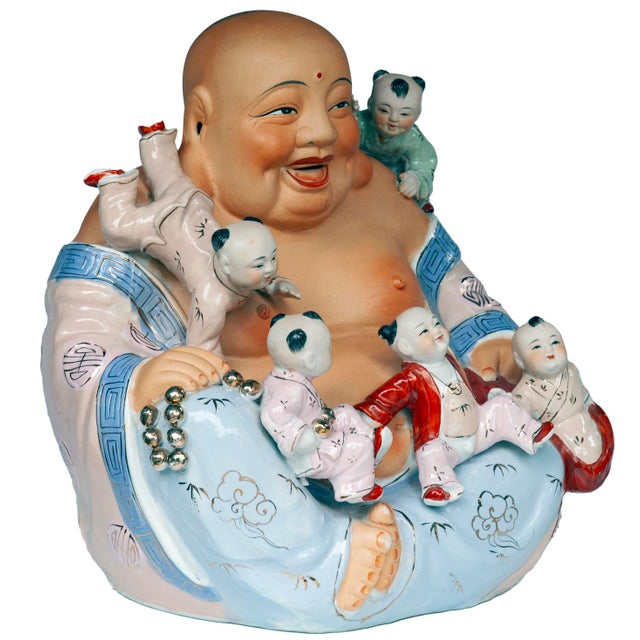 Chinese Early 20th Century Vietnamese Hand-Painted Porcelain "Happy Buddha" Sculpture For Sale - Image 3 of 9