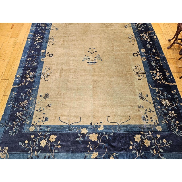 Chinese Antique Chinese Peking Rug, Wool Pile, Tan Field, Navy Border, 9' x 12' For Sale - Image 3 of 17