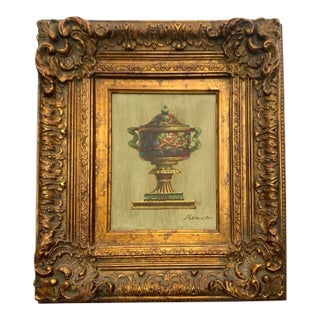 Late 20th Century Painting Classic Urn Oil on Canvas Lidded Vase Signed Medina Vintage Rococo Art For Sale