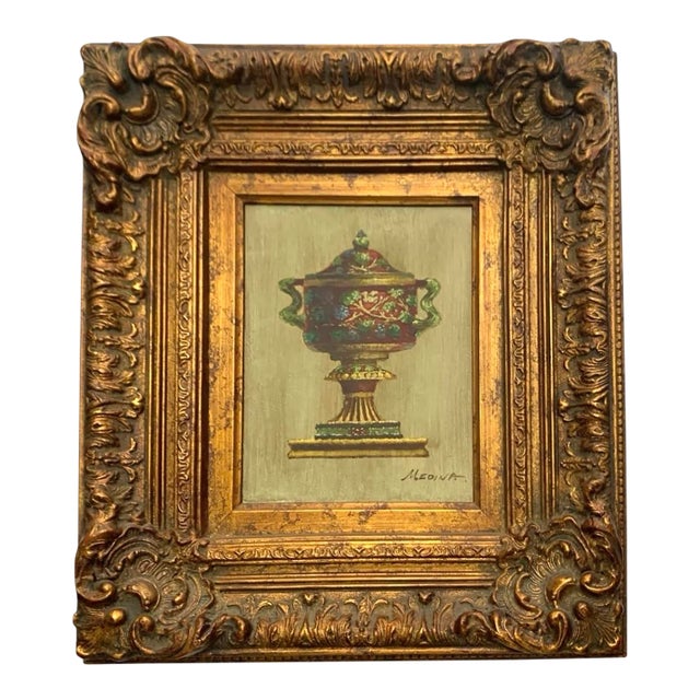 Late 20th Century Painting Classic Urn Oil on Canvas Lidded Vase Signed Medina Vintage Rococo Art For Sale