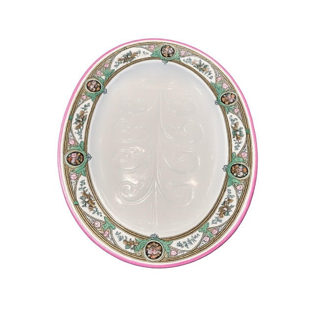 Victorian Antique Haviland Limoges Large Oval Meat Platter, Hand-Painted Birds & Florals, Pink Banded Rim, French Porcelain For Sale - Image 3 of 12