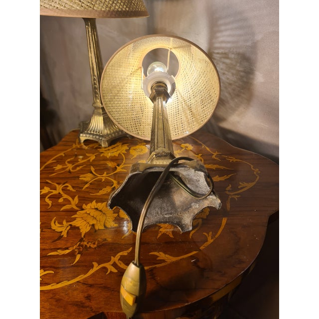 Gilded Spelter Bedside Lamps with Fluted Lampshades, 1960s, Set of 2 For Sale - Image 3 of 8
