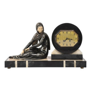 Art Deco Emoy Mantelpiece Clock With Seated Flapper in the Manner of Chiparus For Sale