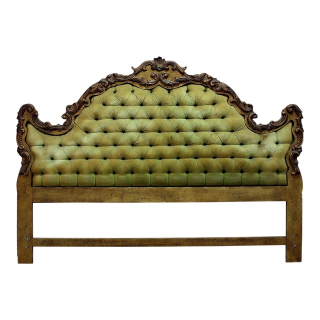 Wooden Green Tufted Velvet King Headboard | Chairish Slim channels of rich green velvet line up in a plush vertical stripe pattern.