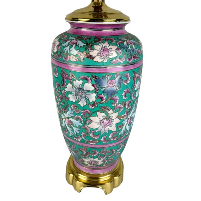 Chinoiserie Vintage Asian Turquoise Floral Chinoiserie Hand Painted Ceramic Table Lamp For Sale - Image 3 of 9