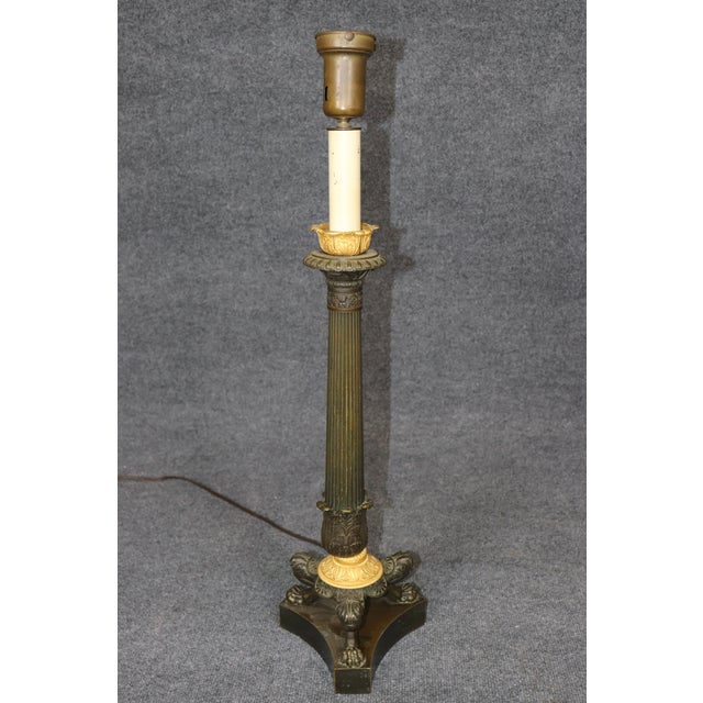 Metal Pair of Antique Candlestick French Empire Patinated and Gilt Bronze Table Lamps For Sale - Image 7 of 9