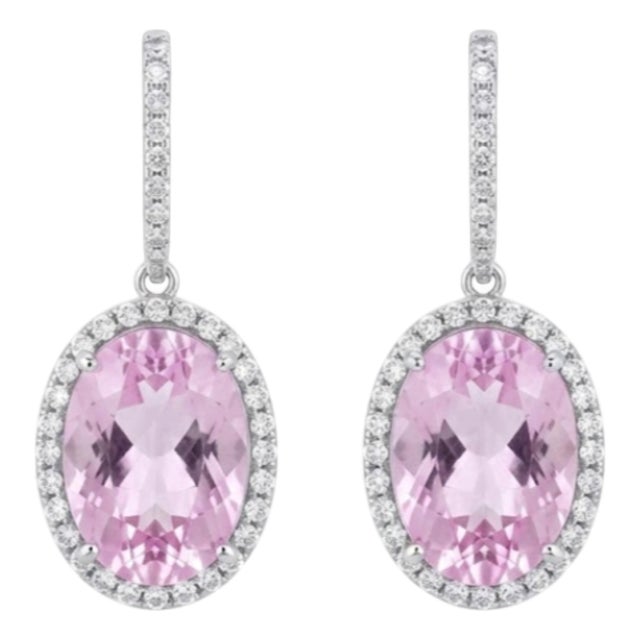 Natural Kunzite 19cts & Diamond 0.75cts Earring in 14k Gold For Sale